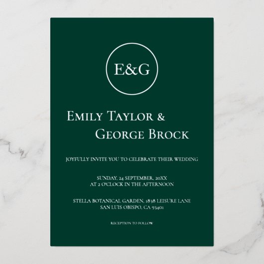 Invitation En Aluminium Mariage Argenté Monogramme Simple Élégant Émeraude (Recto)