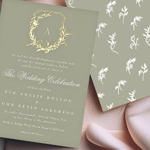 Invitation En Aluminium mariage armoirie monogramme or vert sauge classiqu