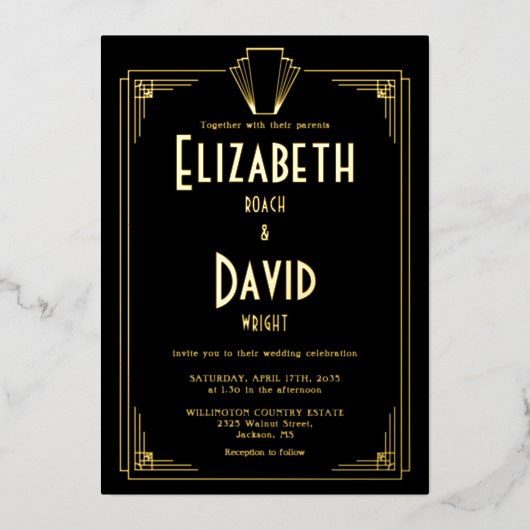 Invitation En Aluminium mariage Art Déco années 1920 Noir Et Or (Recto)