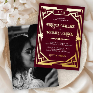 Invitation En Aluminium Mariage Art Déco Géométrique Vintage Bourgogne Or