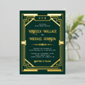 Invitation En Aluminium Mariage Art Déco Géométrique Vintage Émeraude Or (Debout devant)