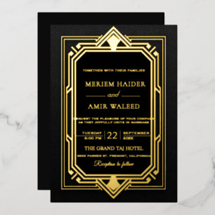 Invitation En Aluminium Mariage Art Déco noir et or vintage