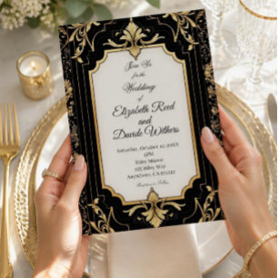 Invitation En Aluminium Mariage Art Déco noir et or vintage