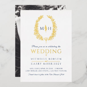 Invitation En Aluminium Mariage art linéaire ovale feuille bleu marine or