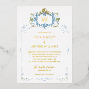 Invitation En Aluminium Mariage au Blason Monogramme Bleu Rococo
