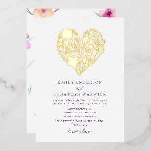 Invitation En Aluminium Mariage au cœur botanique de fleurs pressées or