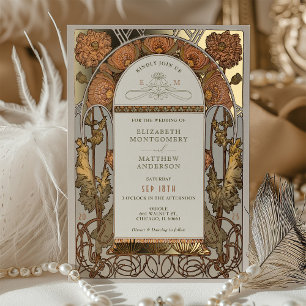 Invitation En Aluminium Mariage au coquelicot orange Art Nouveau feuille d