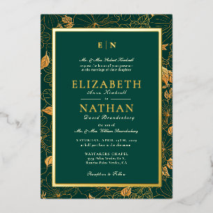 Invitation En Aluminium Mariage au feuillage vert et or élégant