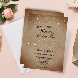 Invitation En Aluminium Mariage au papier beige vieilli avec feuille d'or