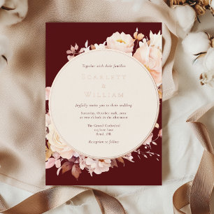 Invitation En Aluminium Mariage automnal floral bordeaux crème sous papier