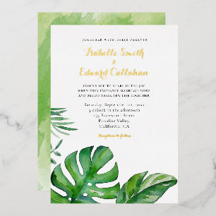Invitation En Aluminium Mariage aux feuilles de Monstera vertes aquarelle