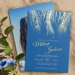 Invitation En Aluminium Mariage aux palmes tropicales bleu or feuille méta