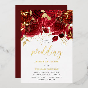 Invitation En Aluminium Mariage aux Roses Rouges Romantiques et Feuille d'