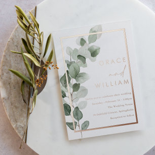 Invitation En Aluminium Mariage avec Bordure de Feuille Verte et Feuille d