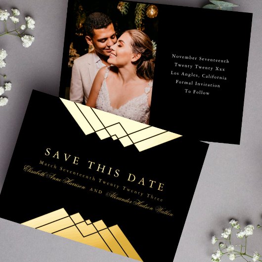 Invitation En Aluminium Mariage Black Geometry Gold Enregistrer la date
