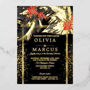 Invitation En Aluminium Mariage   Black Tropical Fern Crimson Plumeria