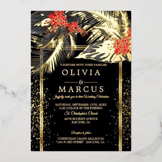 Invitation En Aluminium Mariage | Black Tropical Fern Crimson Plumeria (Recto)