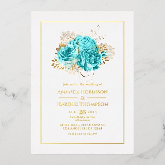 Invitation En Aluminium Mariage bleu Aqua et or Floral (Recto)