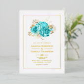 Invitation En Aluminium Mariage bleu Aqua et or Floral (Debout devant)