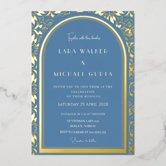 Invitation En Aluminium Mariage bleu Dusty (Retro-Dotted) (Recto)