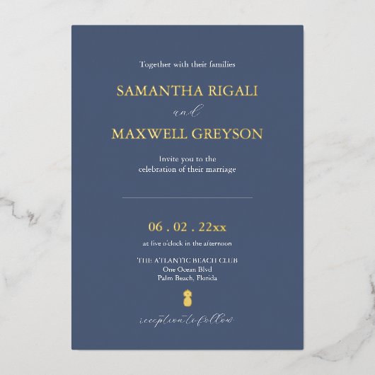 Invitation En Aluminium Mariage bleu marine simple (Recto)