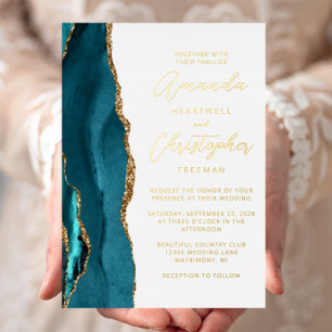 Invitation En Aluminium Mariage bleu sarcelle agate or écriture