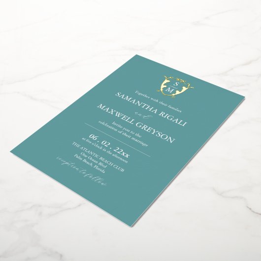 Invitation En Aluminium Mariage bleu simple Monogramme (Rotation)