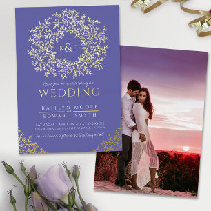 Invitation En Aluminium Mariage bleu violet couronne feuille photo