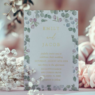 Invitation En Aluminium Mariage Bohème avec Feuille d'Or et Eucalyptus