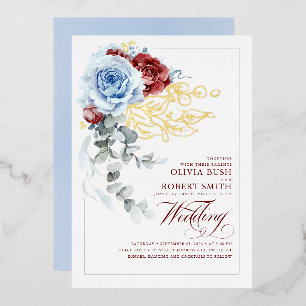 Invitation En Aluminium Mariage Bohème Floral Bleu Poussiéreux & Rouge Bou