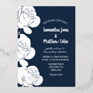 Invitation En Aluminium Mariage Bohème Floral Roses Bleu Nuit Feuille d'Or