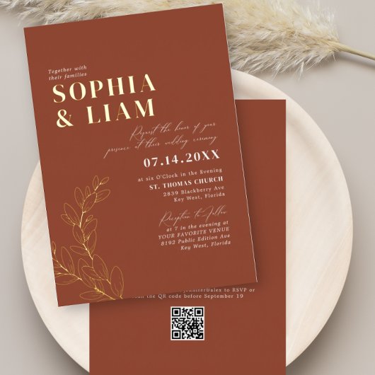 Invitation En Aluminium Mariage Boho Terracotta avec code QR RSVP