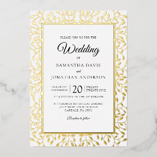 Invitation En Aluminium Mariage Bordure Feuille Dorée Feuillage