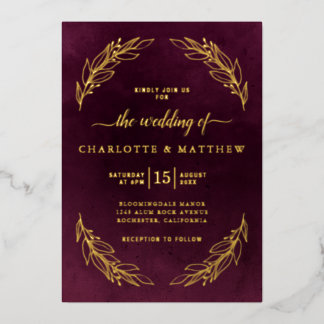 Invitation En Aluminium Mariage botanique élégant en Bourgogne et Or