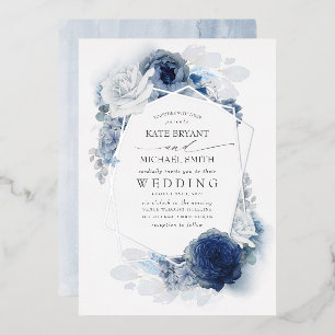 Invitation En Aluminium Mariage botanique floral argent blanc bleu poussié