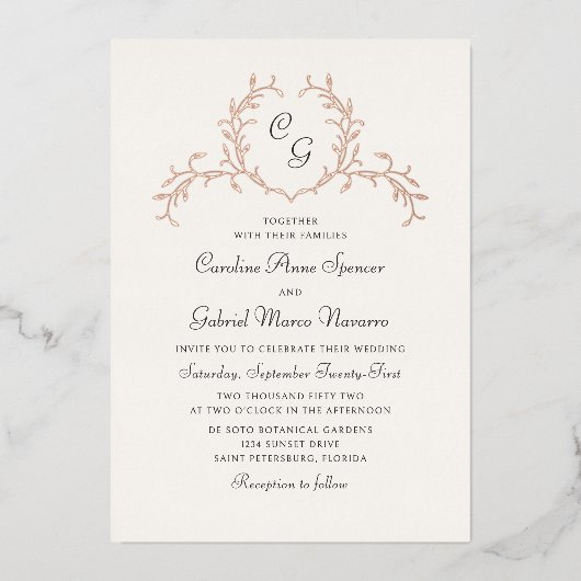 Invitation En Aluminium Mariage Botanique Français Monogramme (Recto)