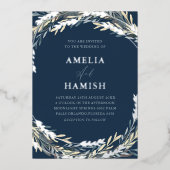 Invitation En Aluminium Mariage botanique moderne bleu et argent (Recto)