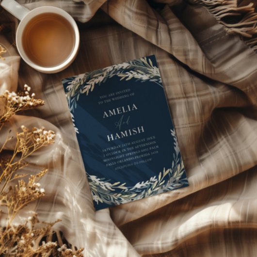 Invitation En Aluminium Mariage botanique moderne bleu et argent