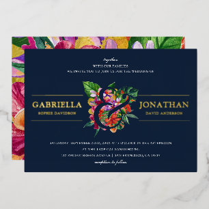 Invitation En Aluminium Mariage Bouquet Tropical Moderne Navy