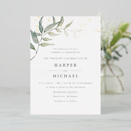 Invitation En Aluminium Mariage brillant en feuille d'aquarelle (Debout devant)