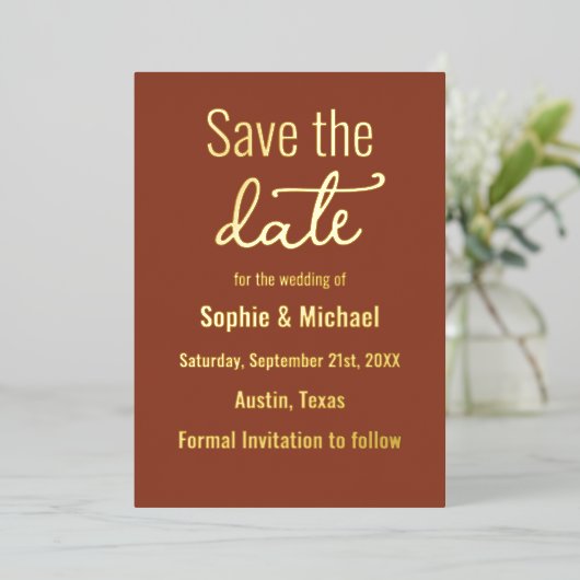 Invitation En Aluminium Mariage Brown Enregistrer la date Terracotta Boho (Debout devant)