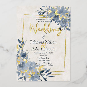 Invitation En Aluminium Mariage cadre floral aquarelle bleue et or 