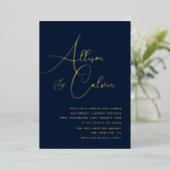 Invitation En Aluminium mariage calligraphié bleu marine et or (Debout devant)