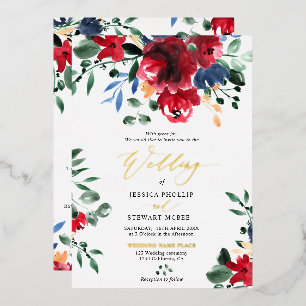Invitation En Aluminium Mariage calligraphié floral bordeaux tout-en-un