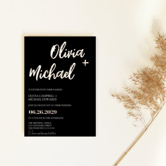 Invitation En Aluminium Mariage Calligraphie Moderne à l'Écriture Rose Noi