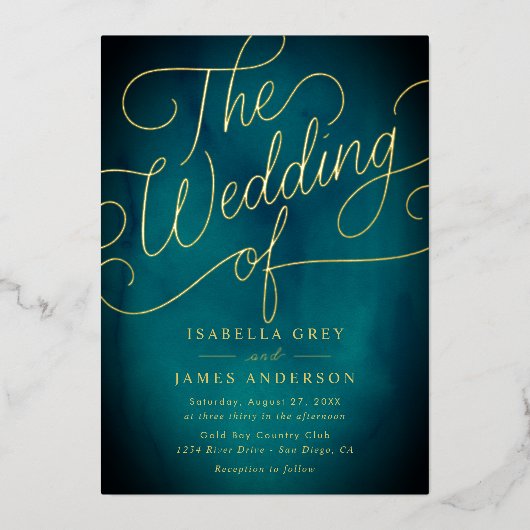 Invitation En Aluminium Mariage Calligraphié Or Teal Script (Recto)
