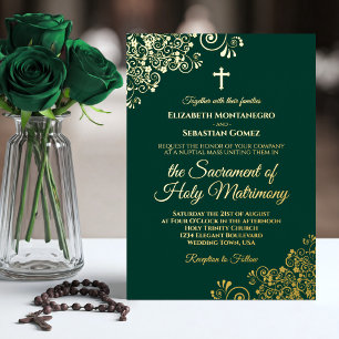 Invitation En Aluminium Mariage catholique élégant émeraude vert et or