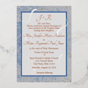 Invitation En Aluminium Mariage Catholique Monogrammé avec Marbre Bleu et