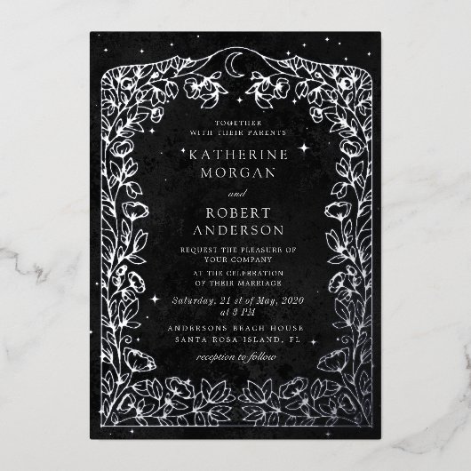 Invitation En Aluminium Mariage céleste de minuit noir étoiles lune (Recto)
