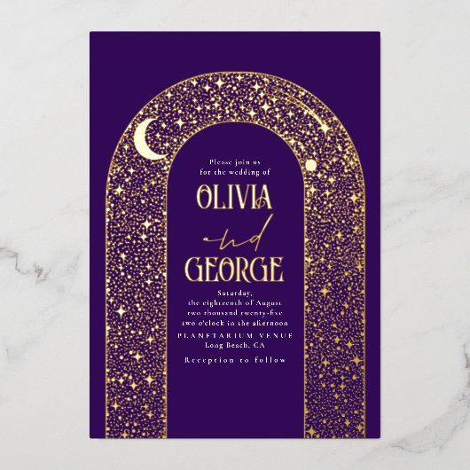 Invitation En Aluminium Mariage céleste moderne romantique violet & or (Recto)